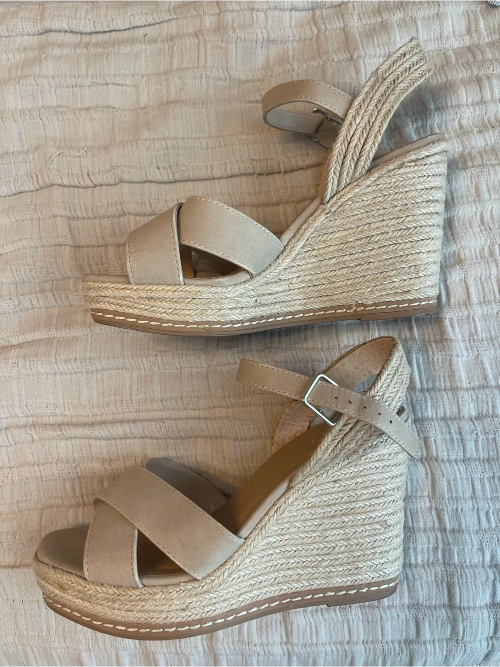 Beige Espadrille Wedge Sandals with Ankle Strap 4 1/2 inch